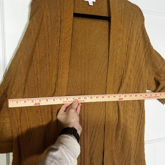 J. Jill Open Front Cardigan Long Line Cable Knit Mustard Brown Size LP Fishermen - Picture 6 of 10